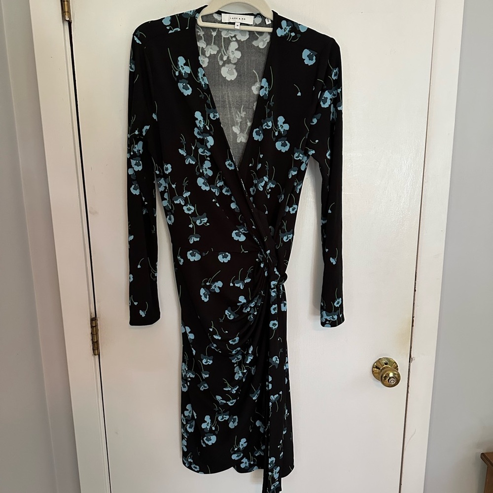 Lark & Ro Floral Wrap Dress in Black and Blue | Medium